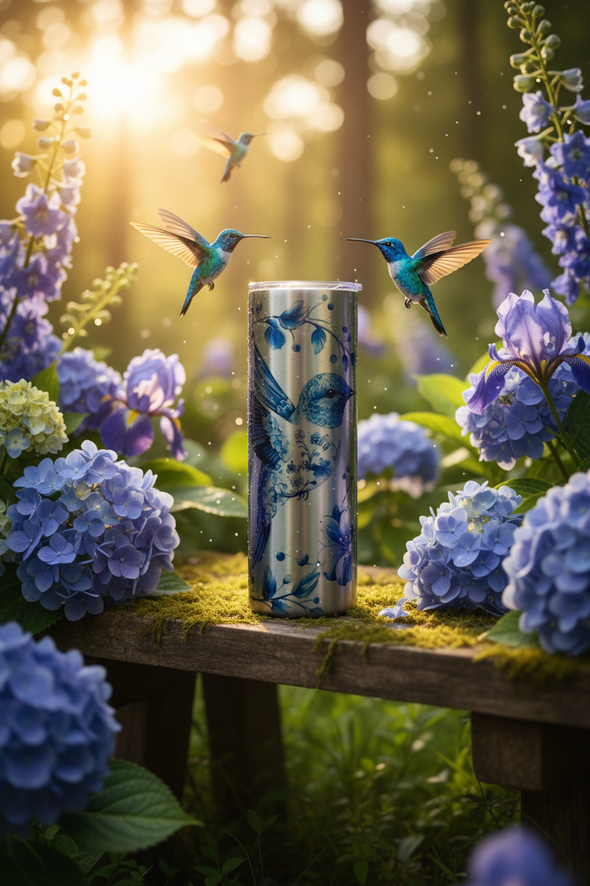 Blue Hummingbird Metallic 20 oz skinny tumbler with blue hummingbird and floral watercolor design on brushed silver