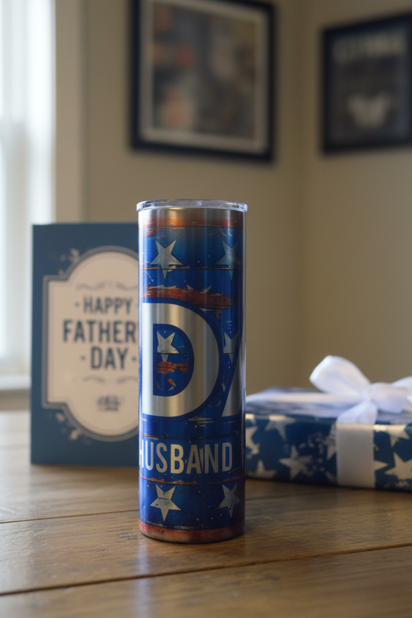 Superhero Dad Husband Legend 20 oz skinny tumbler with blue, red, and silver comic book-style graphics
