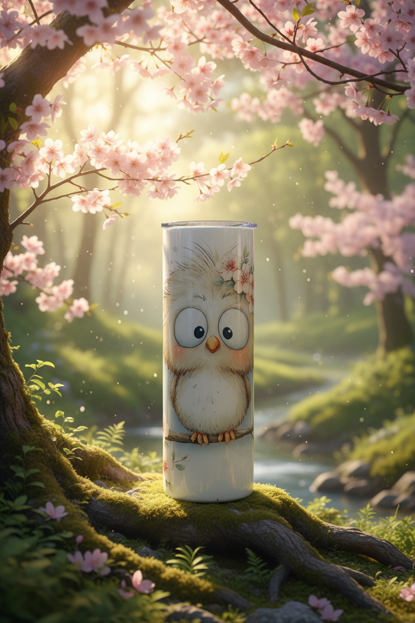 Fluffy Baby Owl 20 oz skinny tumbler with large blue-eyed baby owl perched on a branch surrounded by soft cherry blossoms
