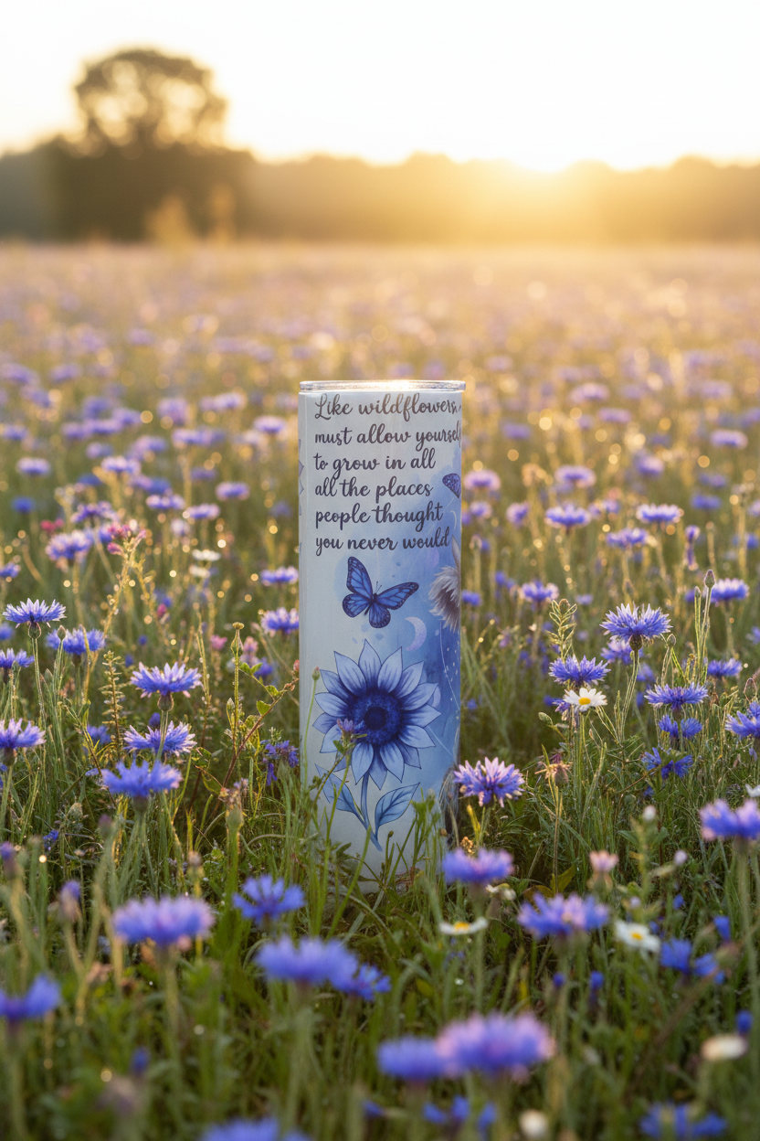 Like Wildflowers 20 oz skinny tumbler with blue watercolor Highland cow, blue bow, sunflowers, wildflowers and butterflies