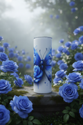 Blue Butterfly & Roses 20 oz skinny tumbler with cobalt blue butterfly, blue roses and artistic ink-drip accents on white