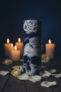 Skull and Roses Gothic 20 oz skinny tumbler with white rose tattoo-style artwork on deep midnight navy background