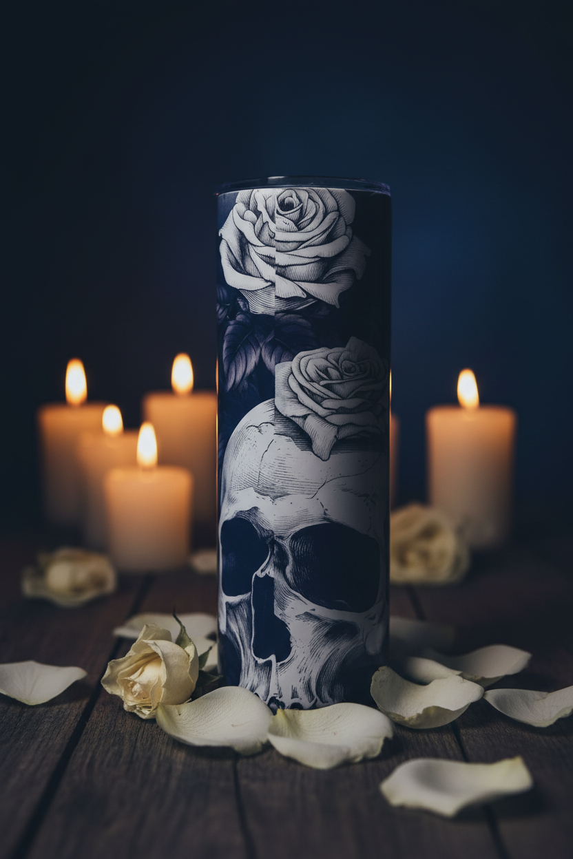 Skull and Roses Gothic 20 oz skinny tumbler with white rose tattoo-style artwork on deep midnight navy background