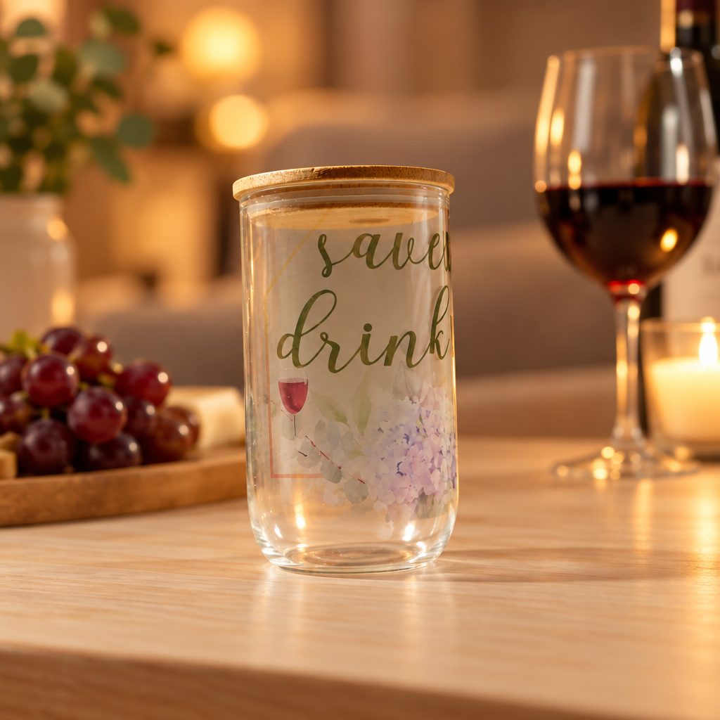 Save Water Drink Wine glass cup first view in a cozy wine-night setting