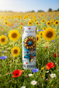 Bee Sweet Bee Happy Bee Yourself 20 oz skinny tumbler with colorful sunflower, bees, hearts and playful paint-splatter design