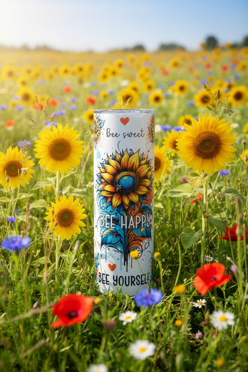 Bee Sweet Bee Happy Bee Yourself 20 oz skinny tumbler with colorful sunflower, bees, hearts and playful paint-splatter design