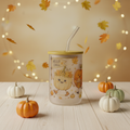 Hello Fall frosted glass mug with lid and straw in a cheerful autumn setting