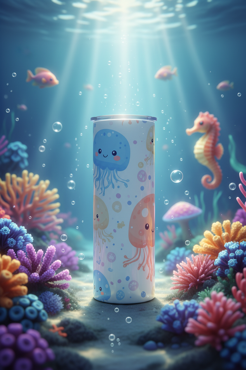 Kawaii Jellyfish 20 oz skinny tumbler with pastel blue and peach jellyfish floating among soft bubbles