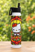 Kitten water bottle with a soft garden background