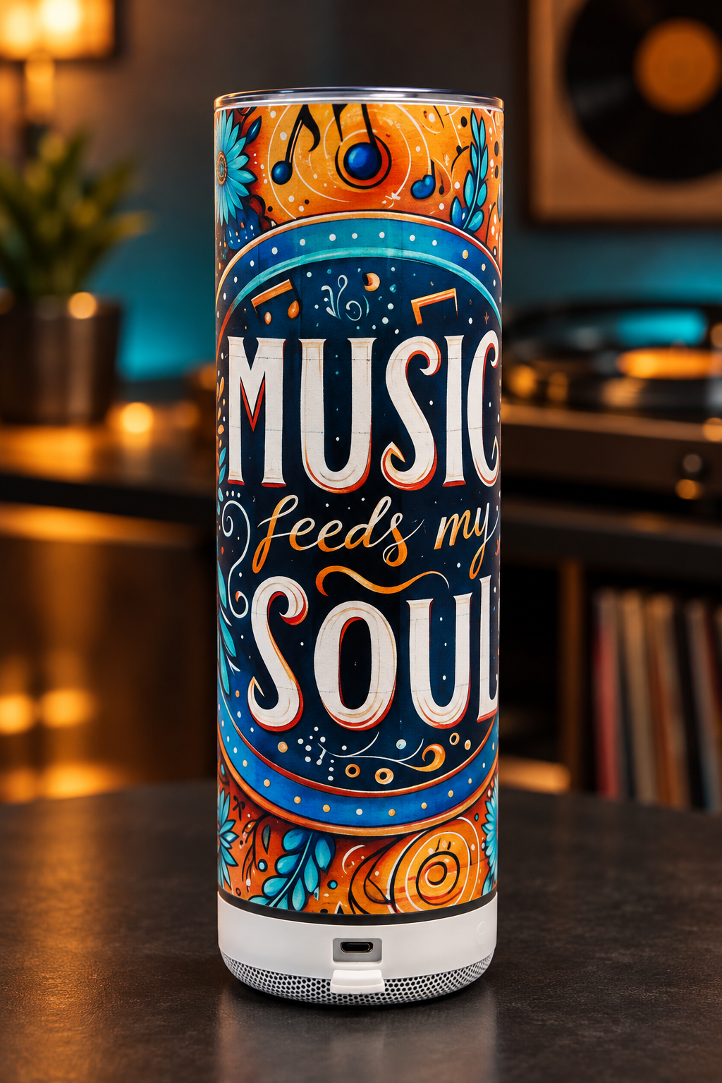 Music Feeds My Soul tumbler in a music-lounge setting