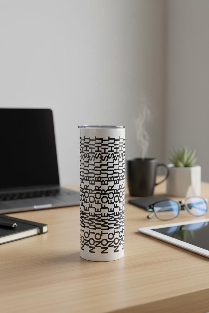 No Time For Bullsh*t 20 oz skinny tumbler with bold all-over black typographic design