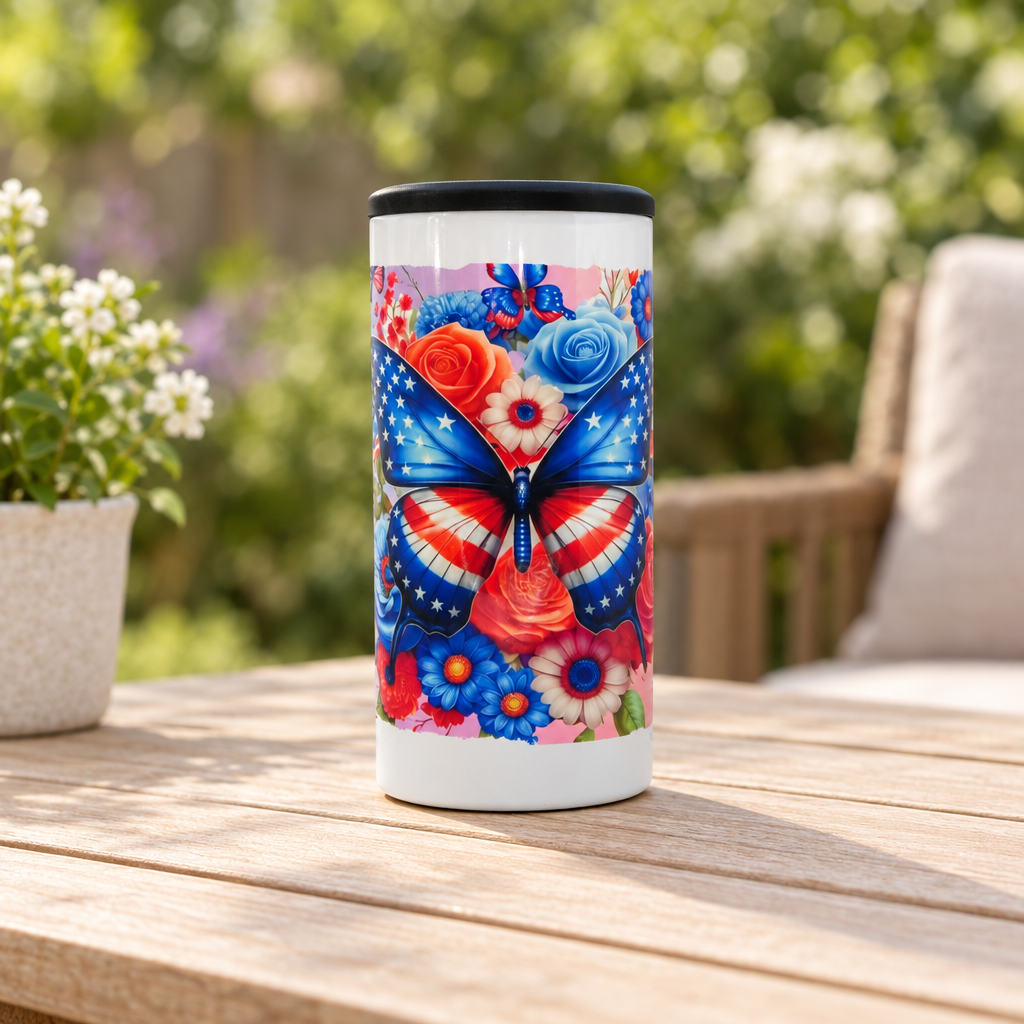Patriotic butterfly floral 4-in-1 cup in a garden tabletop setting