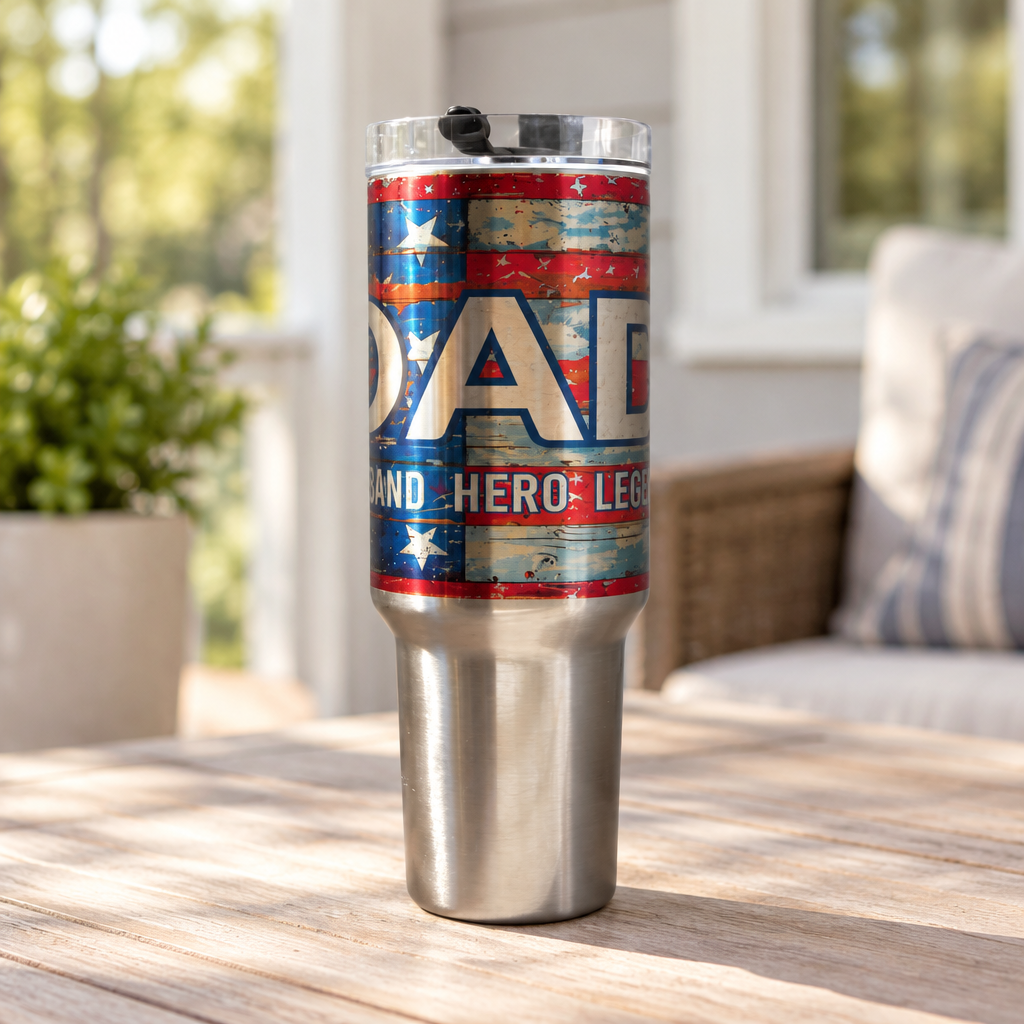 Patriotic Dad tumbler in a simple porch tabletop setting