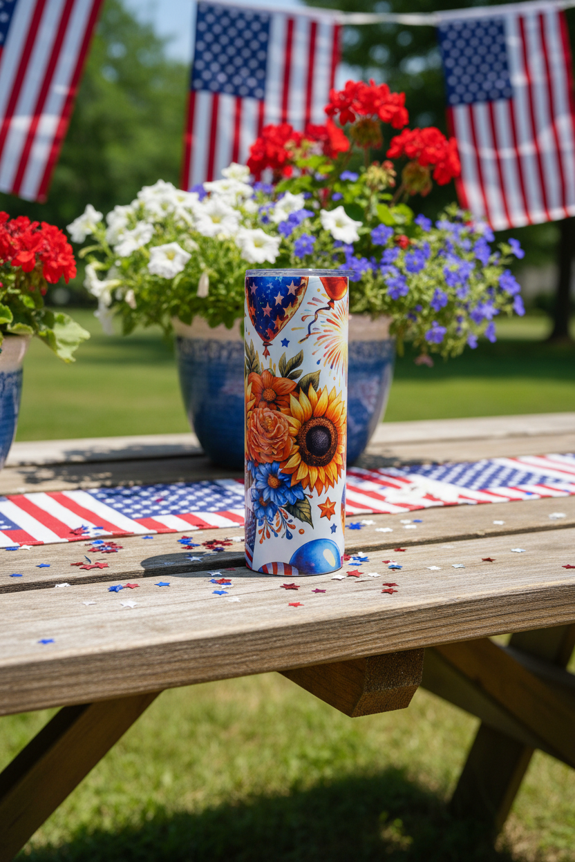 Patriotic Floral Sunflower 20 oz skinny tumbler with American flags, sunflowers, blue flowers, orange roses, stars and fireworks