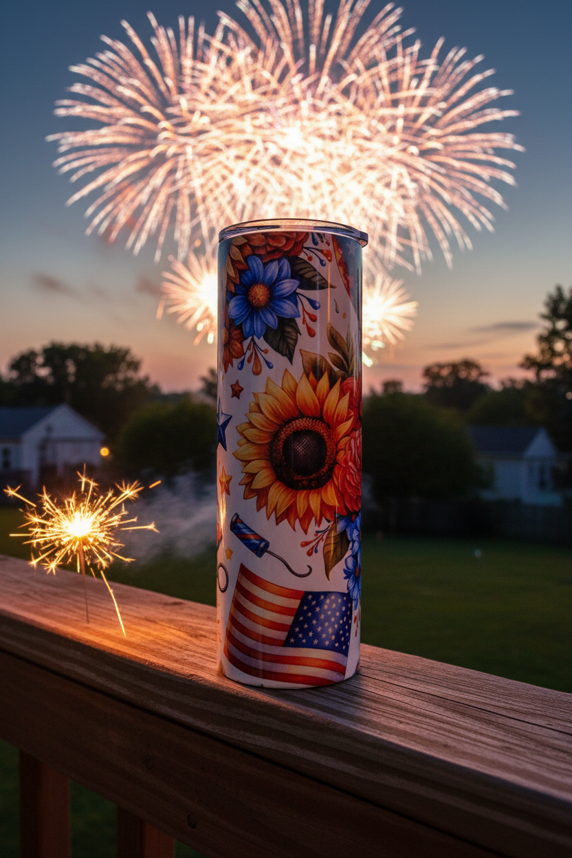 Patriotic Floral Sunflower 20 oz skinny tumbler with American flags, sunflowers, blue flowers, orange roses, stars and fireworks
