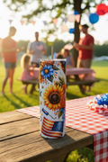 Patriotic Floral Sunflower 20 oz skinny tumbler with American flags, sunflowers, blue flowers, orange roses, stars and fireworks