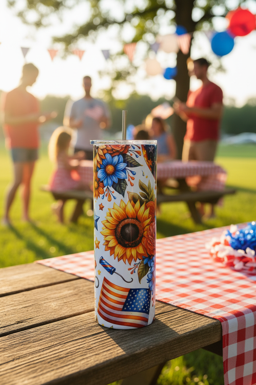 Patriotic Floral Sunflower 20 oz skinny tumbler with American flags, sunflowers, blue flowers, orange roses, stars and fireworks