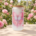 Pink butterfly and rose cup in a rose-garden setting