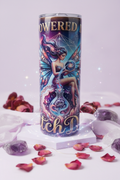 Powered by Bitch Dust 20 oz skinny tumbler with ethereal fairy, galaxy and rose potion bottle design