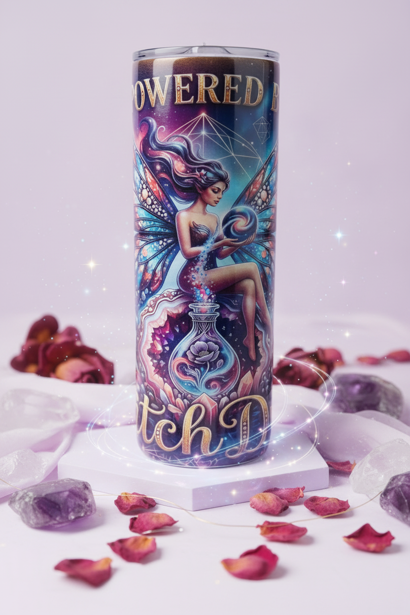 Powered by Bitch Dust 20 oz skinny tumbler with ethereal fairy, galaxy and rose potion bottle design