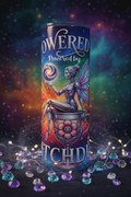 Powered by Bitch Dust 20 oz skinny tumbler with mechanical fairy, ornate teacup and rainbow galaxy design