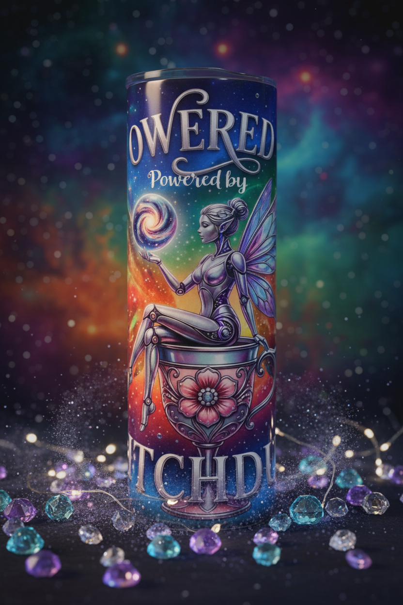 Powered by Bitch Dust 20 oz skinny tumbler with mechanical fairy, ornate teacup and rainbow galaxy design