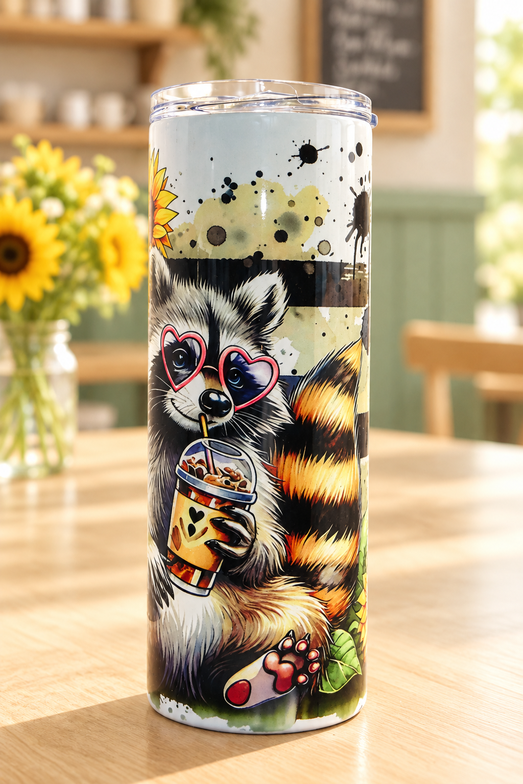 Raccoon tumbler alternate view in a matching café setting