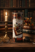 Reading is Essential 20 oz skinny tumbler with open book, wildflowers and celestial design featuring Jim Rohn quote
