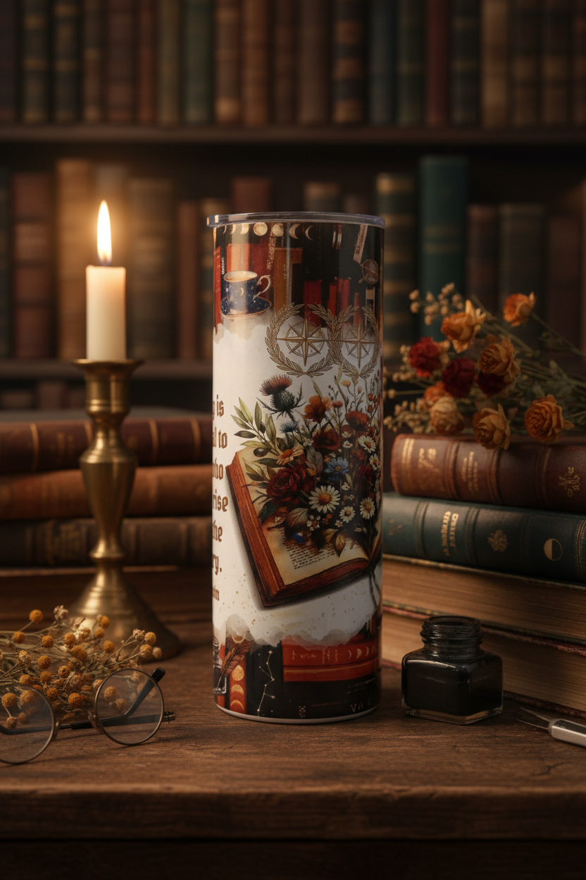 Reading is Essential 20 oz skinny tumbler with open book, wildflowers and celestial design featuring Jim Rohn quote