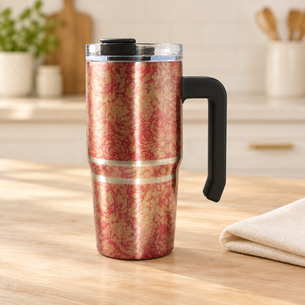 Reddish-pink patterned grippy cup in a neutral tabletop setting