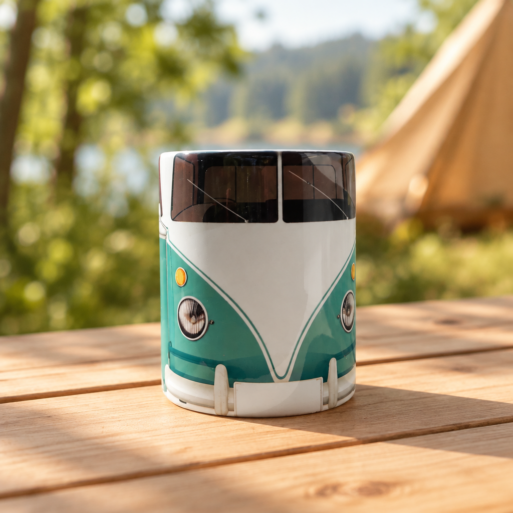 Retro camper van mug in a camping setting