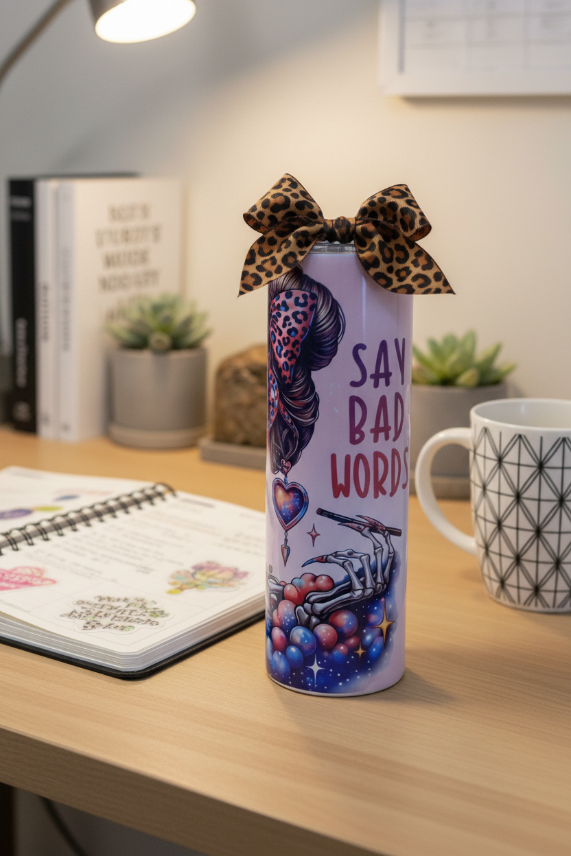 Good Moms Say Bad Words tumbler showing skeleton mom's hair, leopard-print bow and hand holding a cigarette