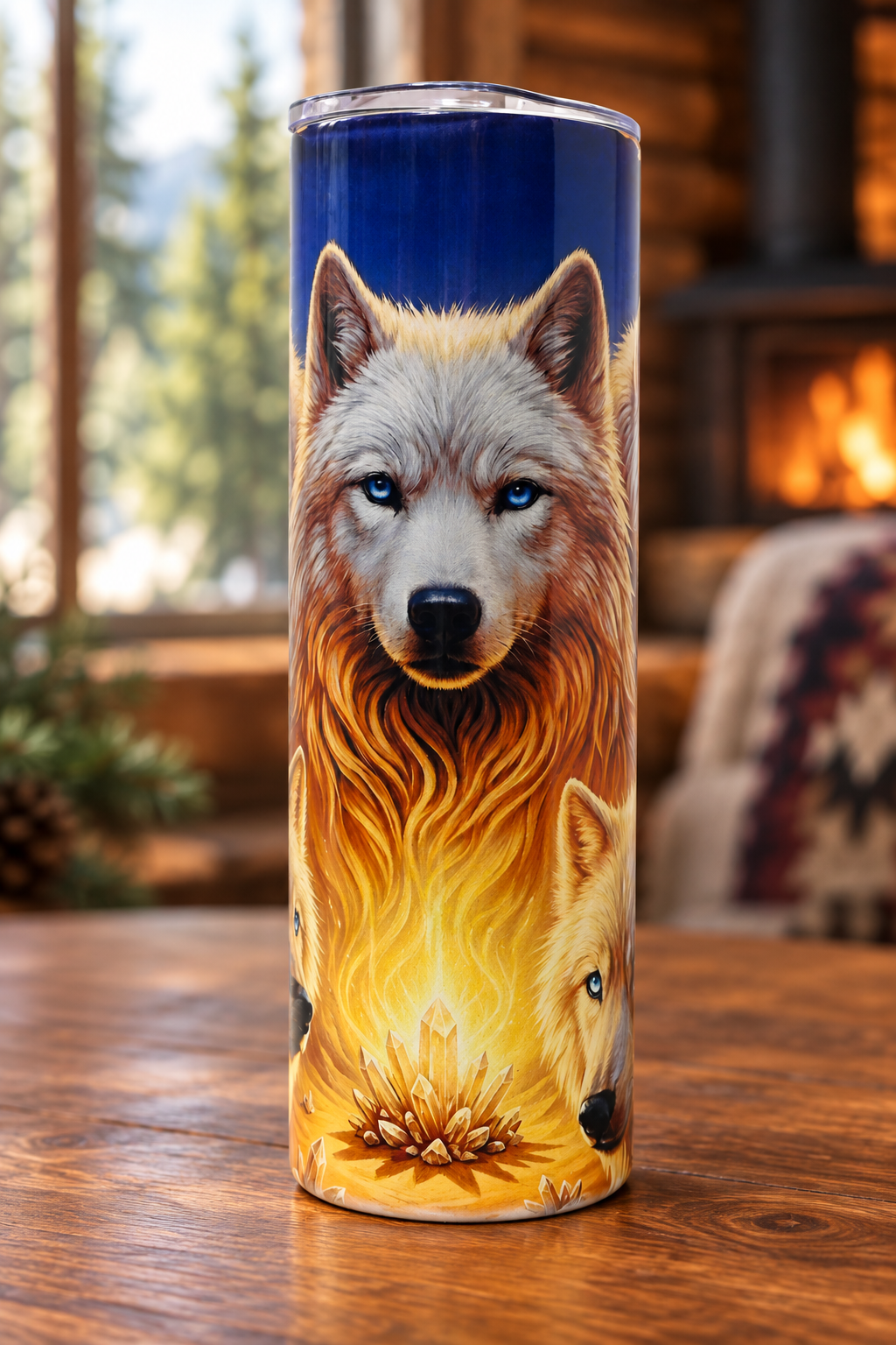 Single wolf tumbler in a warm woodland cabin setting