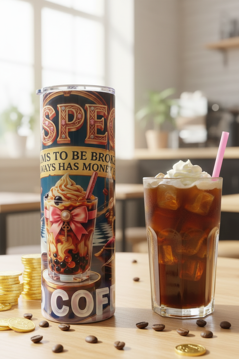Suspect Claims to Be Broke 20 oz skinny tumbler with iced coffee, coffee beans, gold coins and ornate lettering