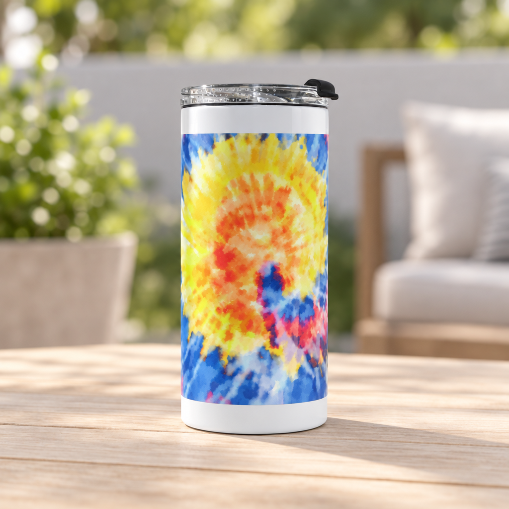 Tie-dye 4-in-1 cup in a simple patio tabletop setting