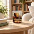 Vintage books and teacup mug in a reading nook