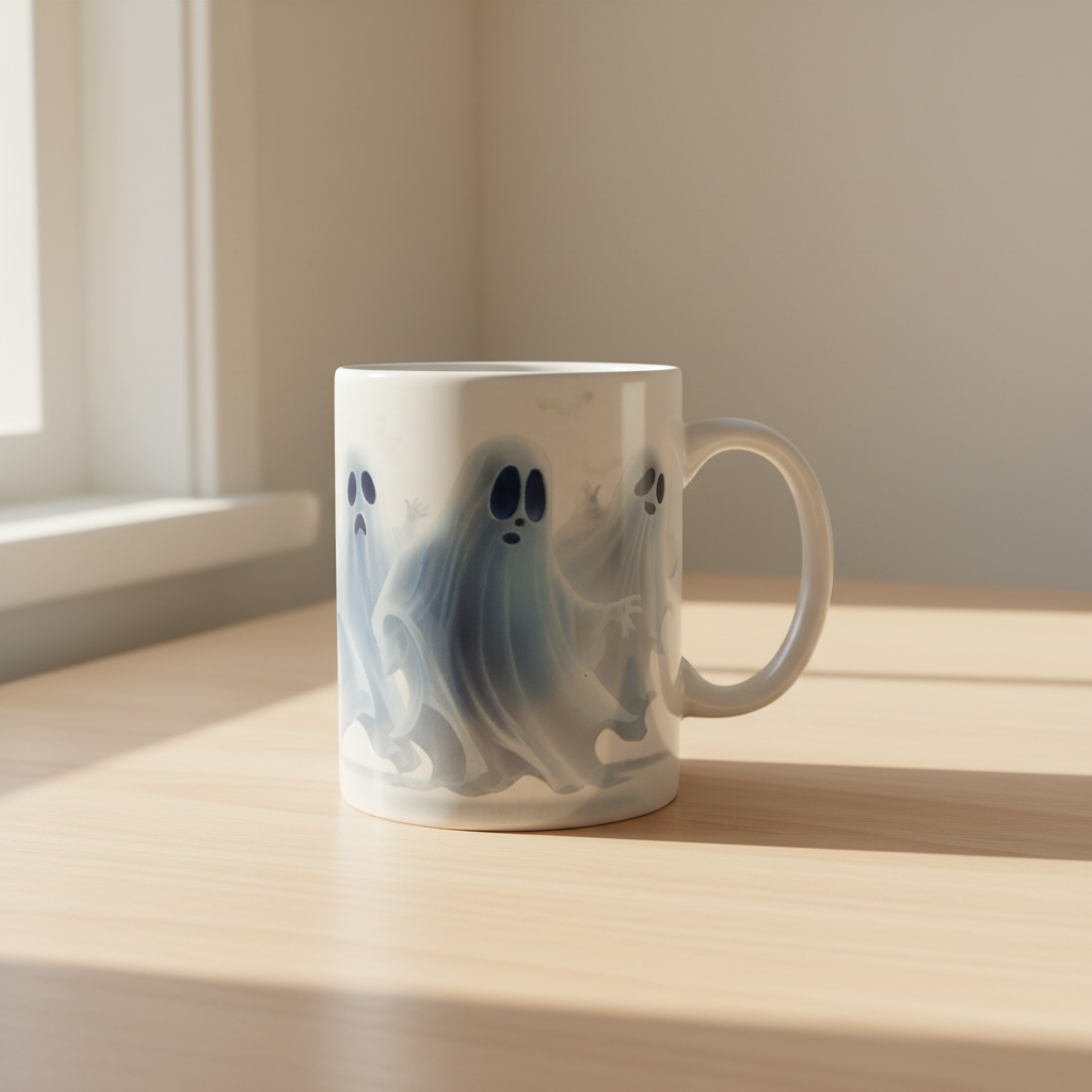 Watercolor ghost mug with one right handle